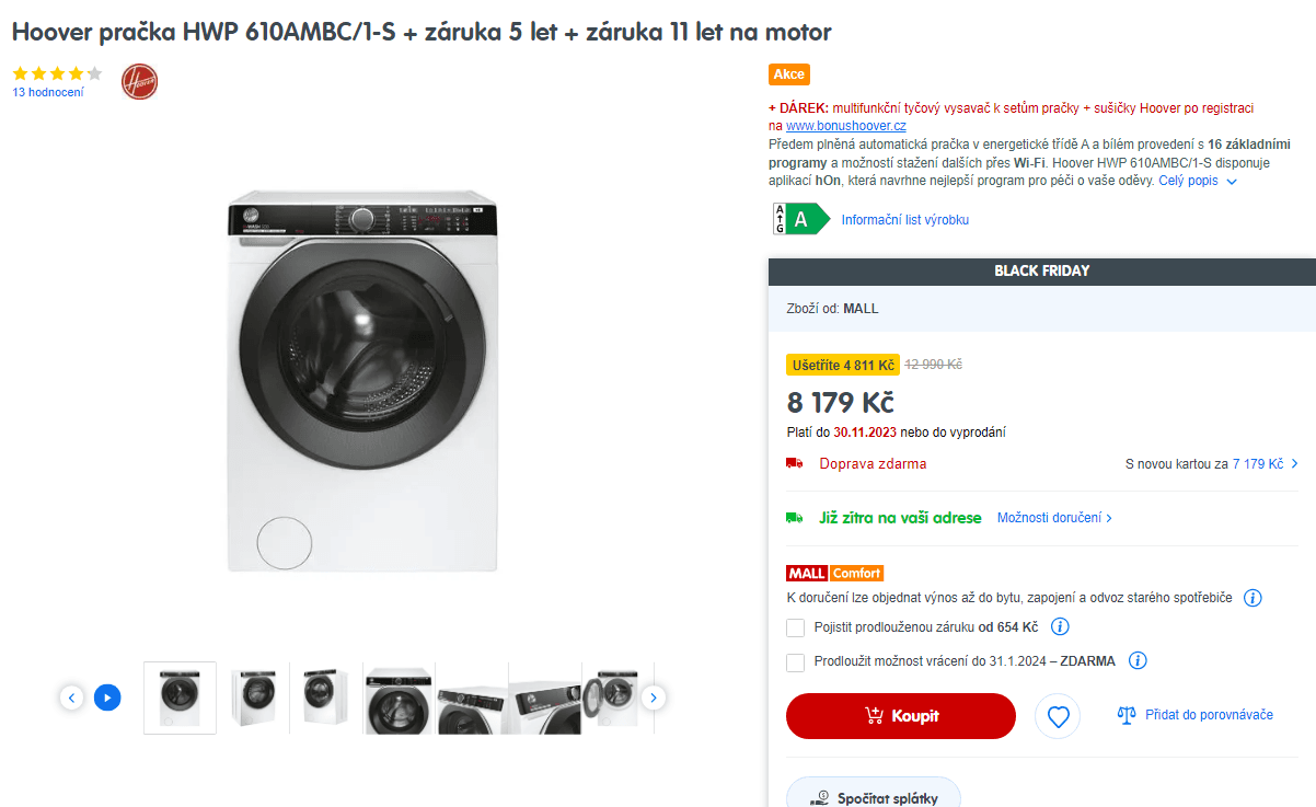 Pračka Hoover, 10 kg, 1600 ot., pára, Wifi