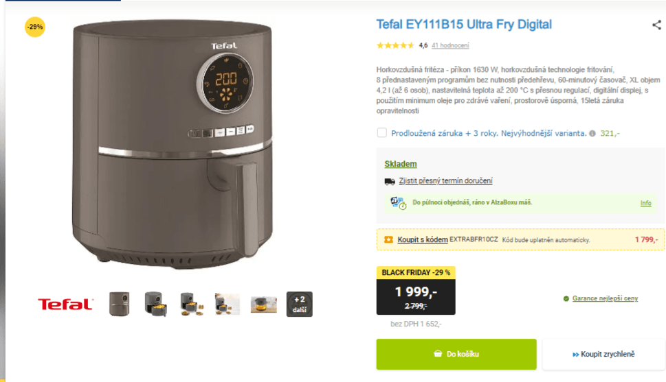 Horkovzdušná fritéza Tefal 4,2 l., 8 programů