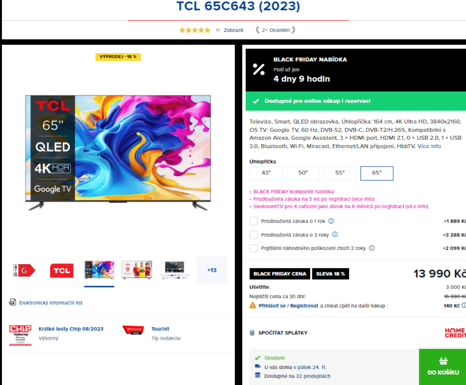 4K Google TV, Smart, HDR, 164cm, TCL