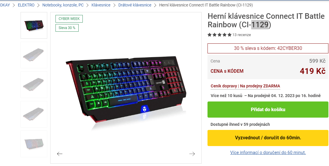 Herní klávesnice Connect IT, LED podsvícení