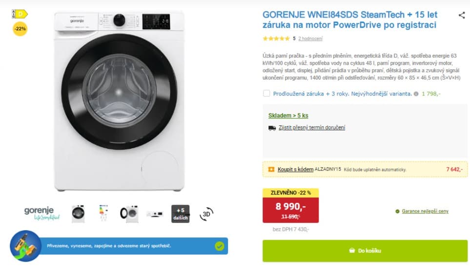 Úzká parní pračka Gorenje 8kg, 1400ot.