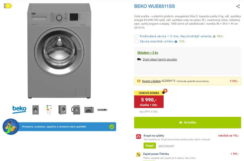Pračka Beko 6kg, 1000ot., 44cm úzká