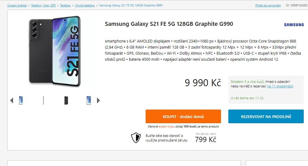 Samsung S21 FE 8x 2,84GHz, 6GB RAM, 6,4"