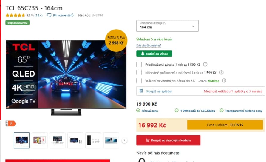 QLED 4K Smart TV, 144Hz, 164cm, TCL