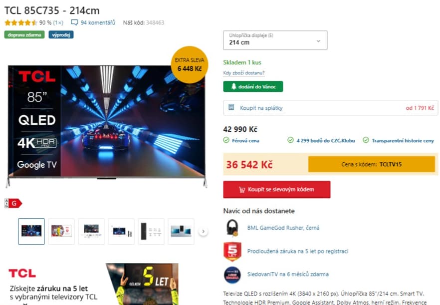 QLED 4K Smart TV, 144Hz, 214cm, TCL