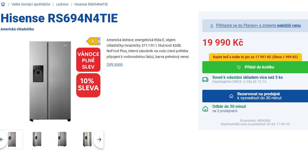 Americká lednice Hisense, led, voda, 179cm