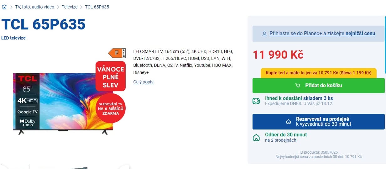 4K Smart TV, Google, 164cm, TCL