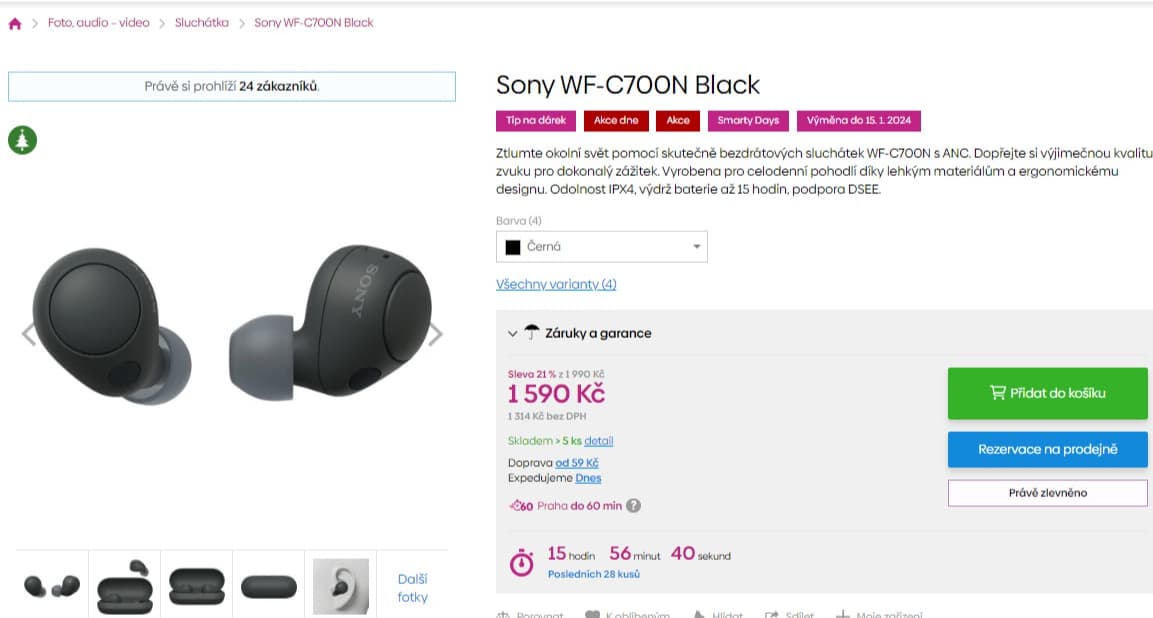 BT sluchátka SONY, ANC, 15 hodin