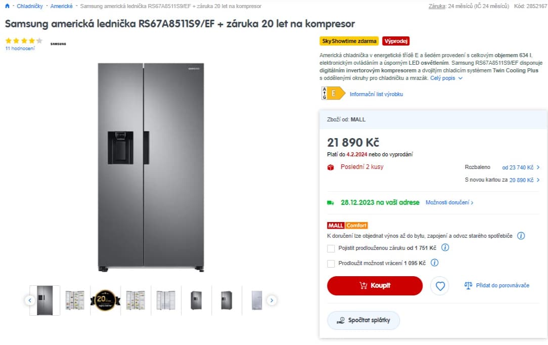 Americká lednice Samsung, led, voda, 178cm