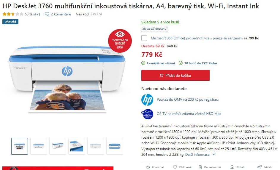 Multifunkce, barva, ink., Wifi, HP