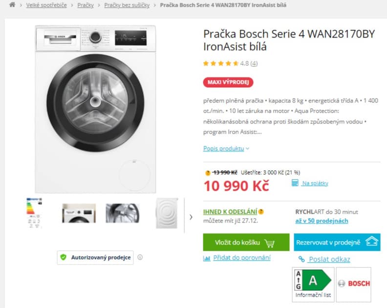 Pračka Bosch 8kg, 1400ot., pára