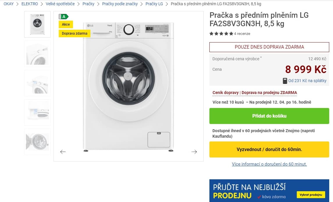 Pračka LG 8,5kg, 1200 ot., A, Wifi, slim
