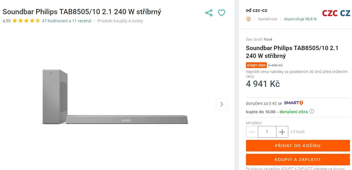 Soundbar Philips 2.1, 200W, Atmos, subwoofer