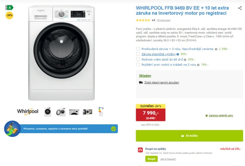 Parní pračka Whirlpool 9kg, 1400ot., A