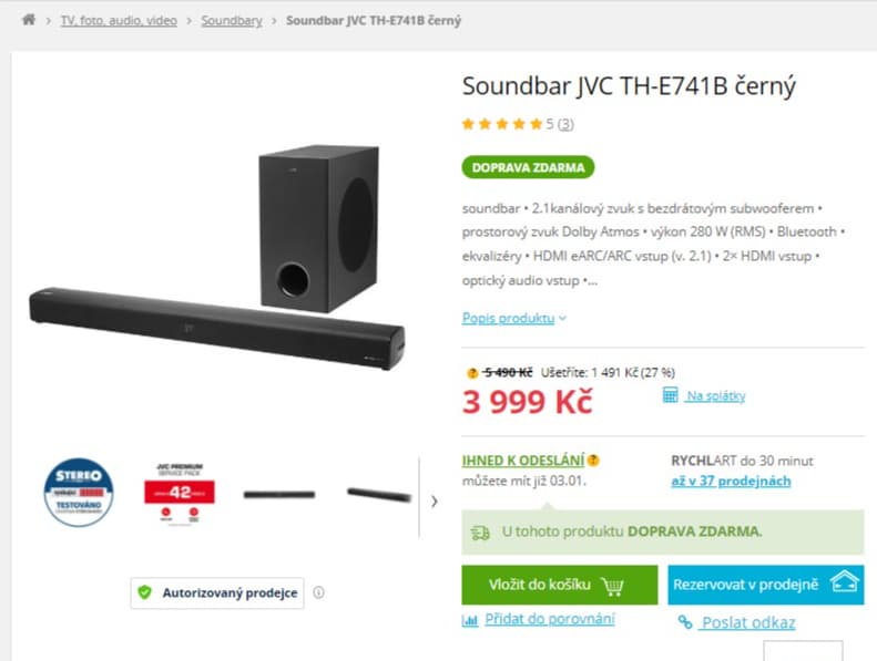 Soundbar JVC 2.1, Atmos, 280 W