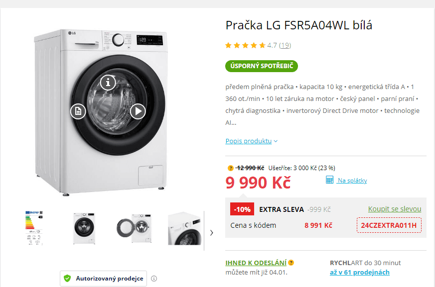 Pračka LG, 10 kg, 1 360 ot./min, pára