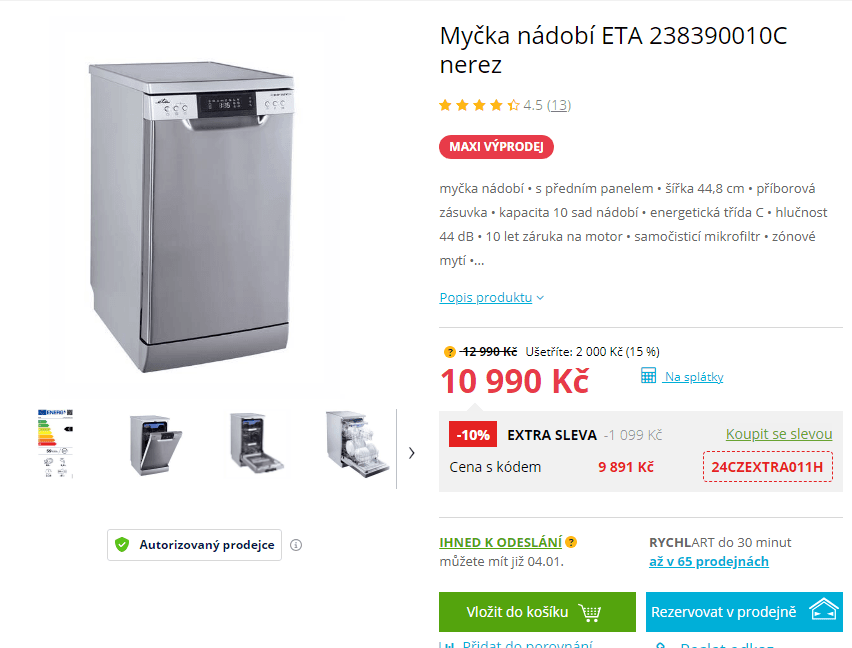 Myčka nádobí ETA, 10 sad, 44,8 cm, C