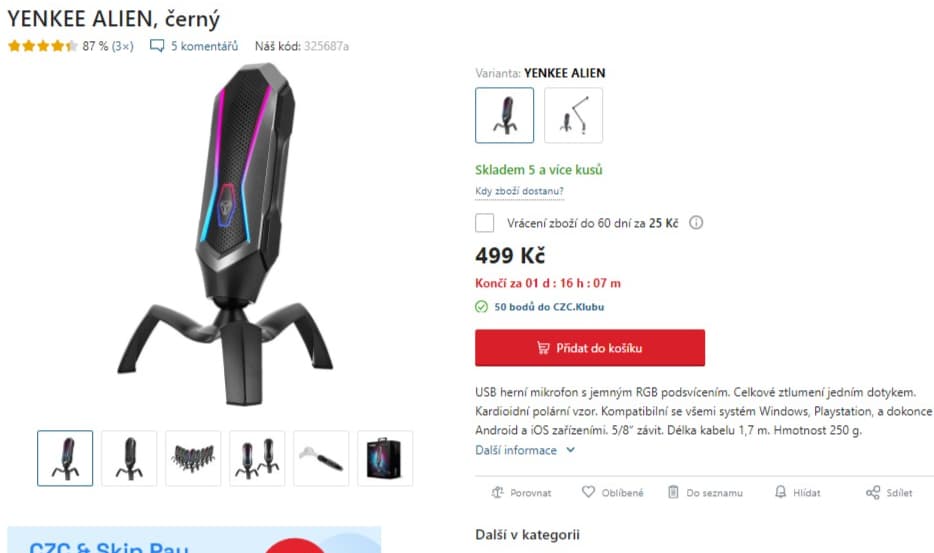 USB herní mikrofon Yenkee, RGB