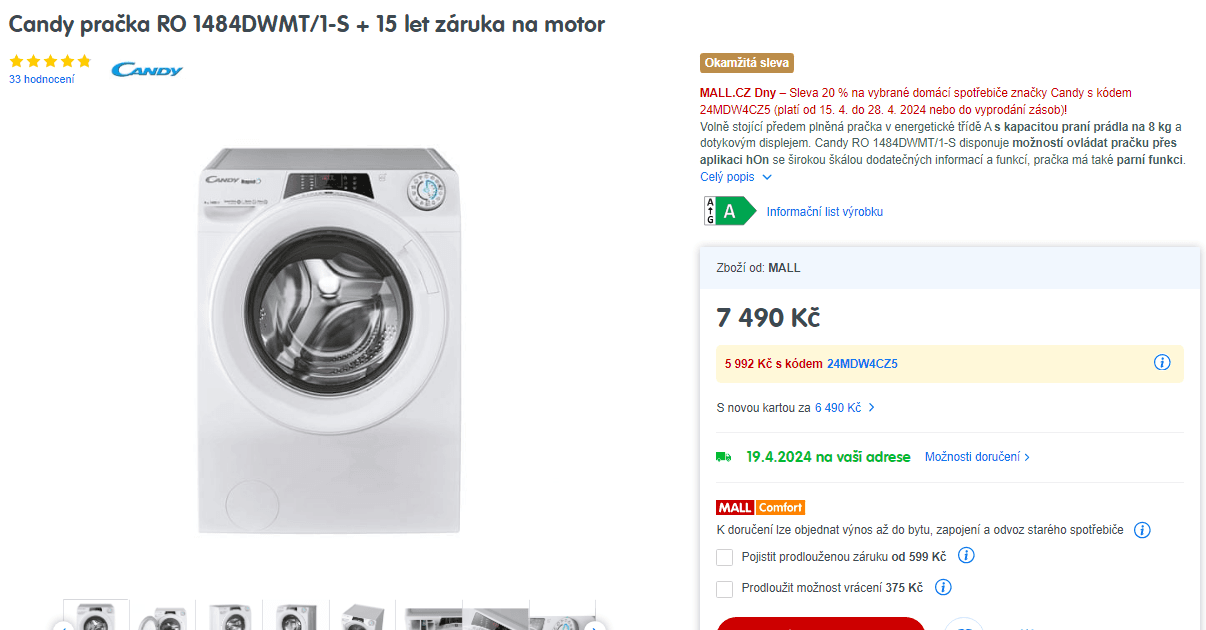 Pračka Candy 8 kg, 1400 ot., A, Wifi, BT