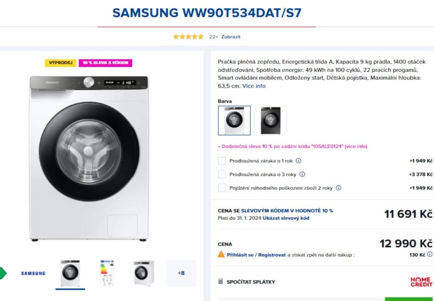 Pračka Samsung 9kg, 1400ot., A, Wifi, AI, pára