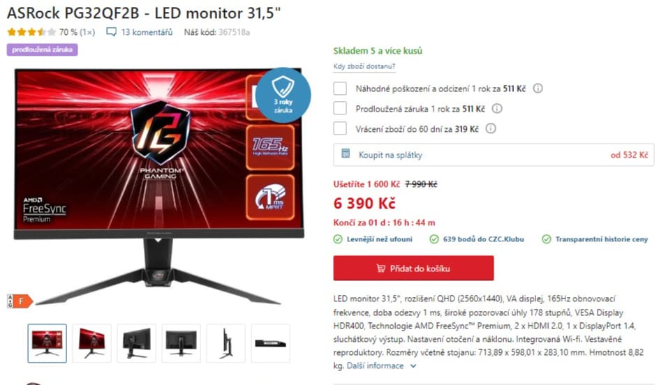 QHD PC monitor ASRock 31,5", 165Hz, Wifi, repro