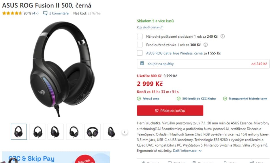 Herní sluchátka Asus Rog, 7.1, RGB