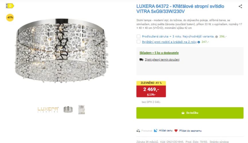 Stropní svítidlo Luxera 40x17cm, 5 žárovek