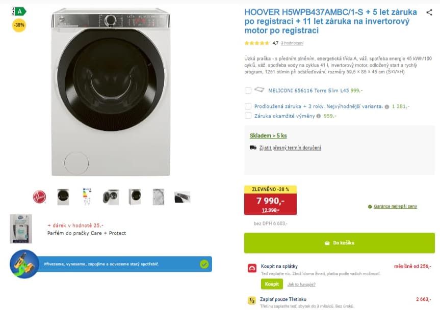 Pračka Hoover, 7kg, 1300 ot., pára, Wifi
