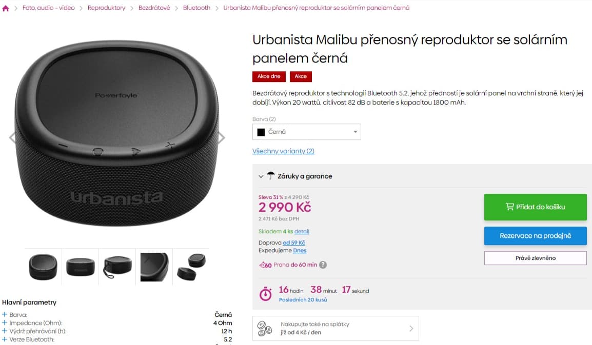 BT repro Urbanista, soláry, 20W, 15cm