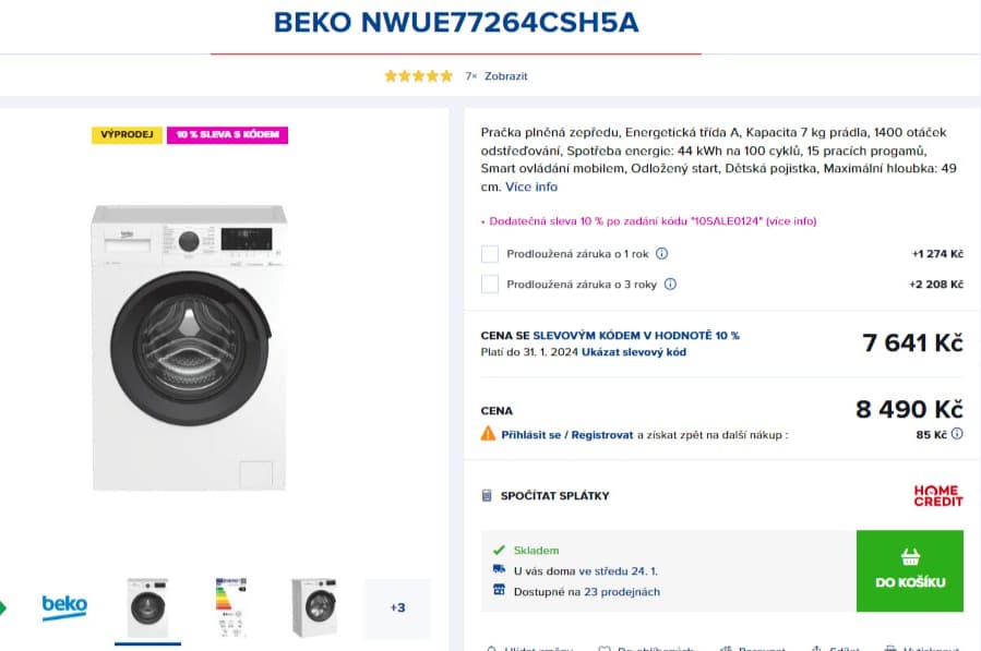 Pračka Beko 7kg, 1400ot, BT, pára, A