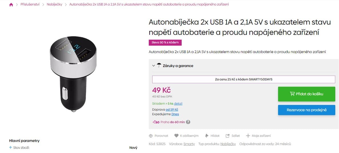 Autonabíječka 2x USB 1A a 2,1A 5V