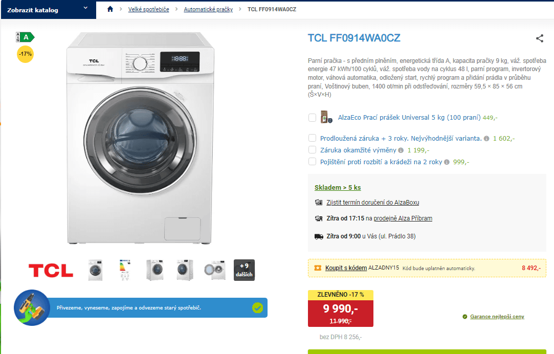 Parní pračka TCL, 9 kg, 1400 ot/min