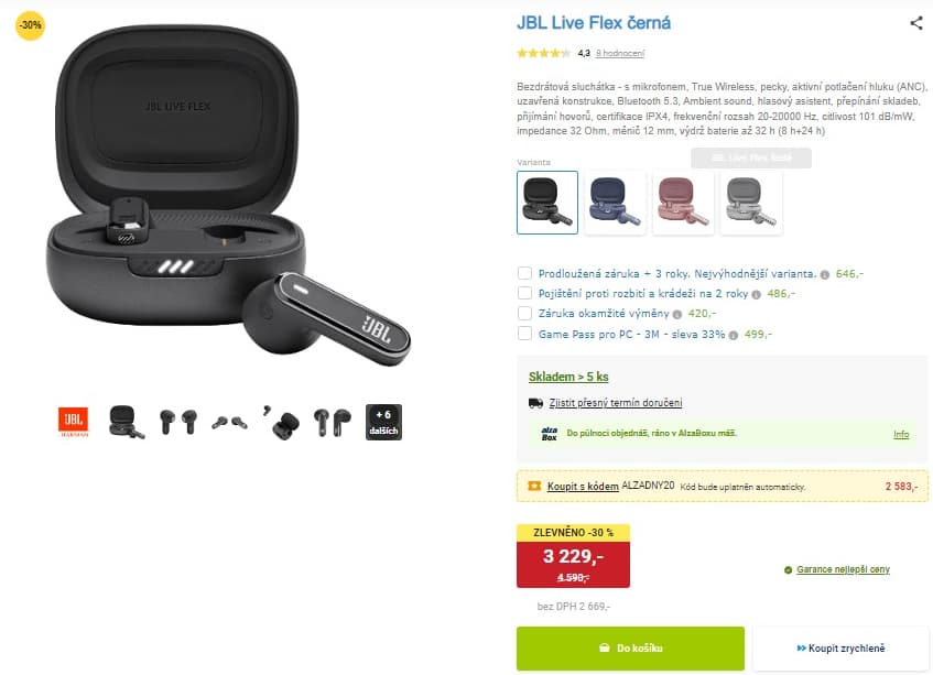 BT sluchátka JBL, TWS, ANC, 32 hodin