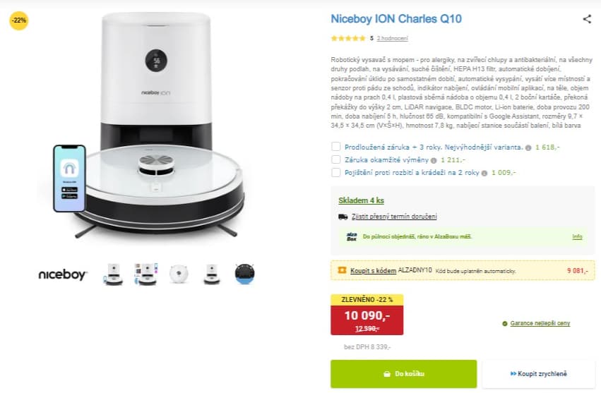 Robot mop Niceboy, sběrná stanice, UV-C, 9,7cm