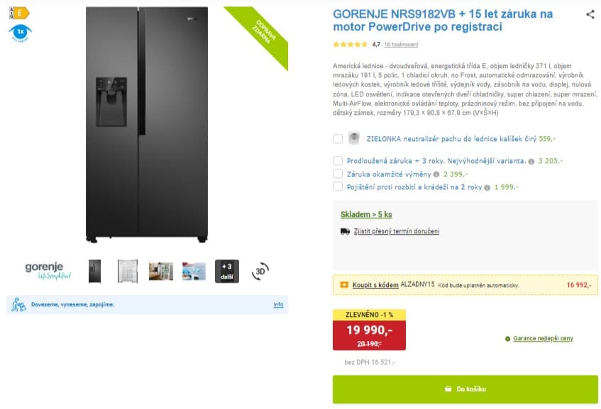 Americká lednice Gorenje, led, voda, 179cm