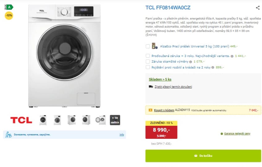 Parní pračka TCL 8kg, 1400ot., A