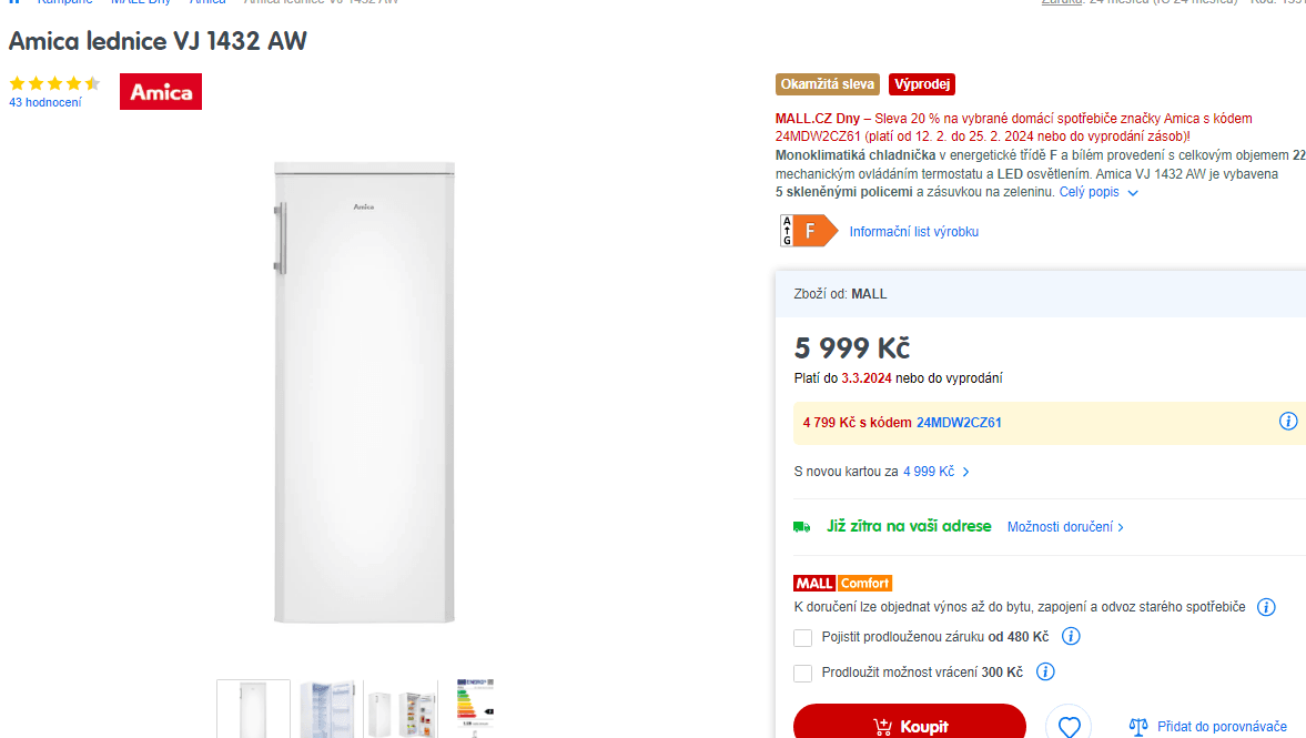 Lednice Amica, 229 l, 143 cm