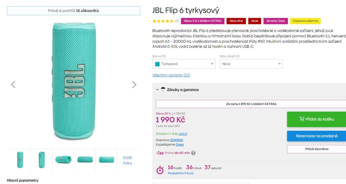 BT repro JBL Flip6 30W, 12 hodin