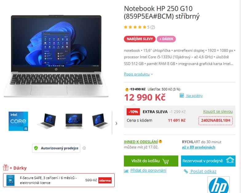 HP i5 4,6GHz, 8GB RAM, SSD, 15,6", 1,5kg