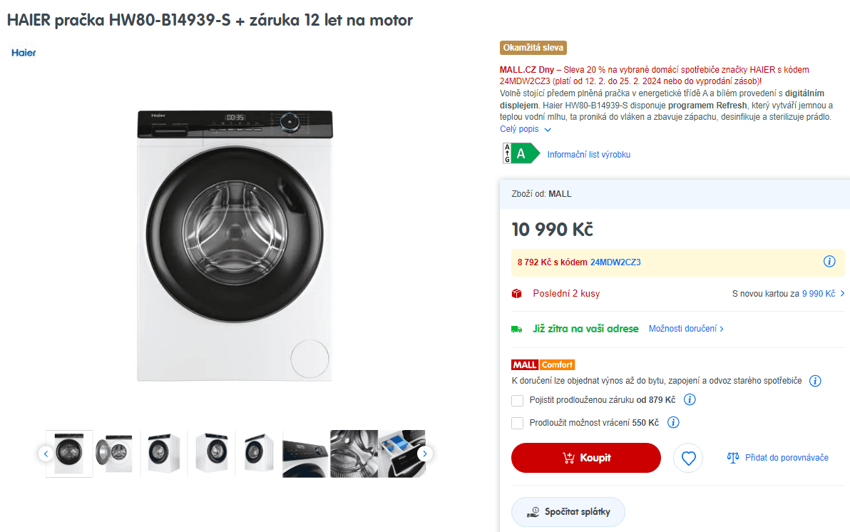 Pračka Haier, 8 kg, 1400 ot./min, A