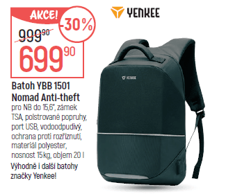 Batoh proti krádeži Yenkee, 15,6", USB
