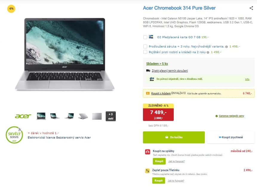 Chromebook Acer 2,8GHz, 8GB RAM, dotyk 14"