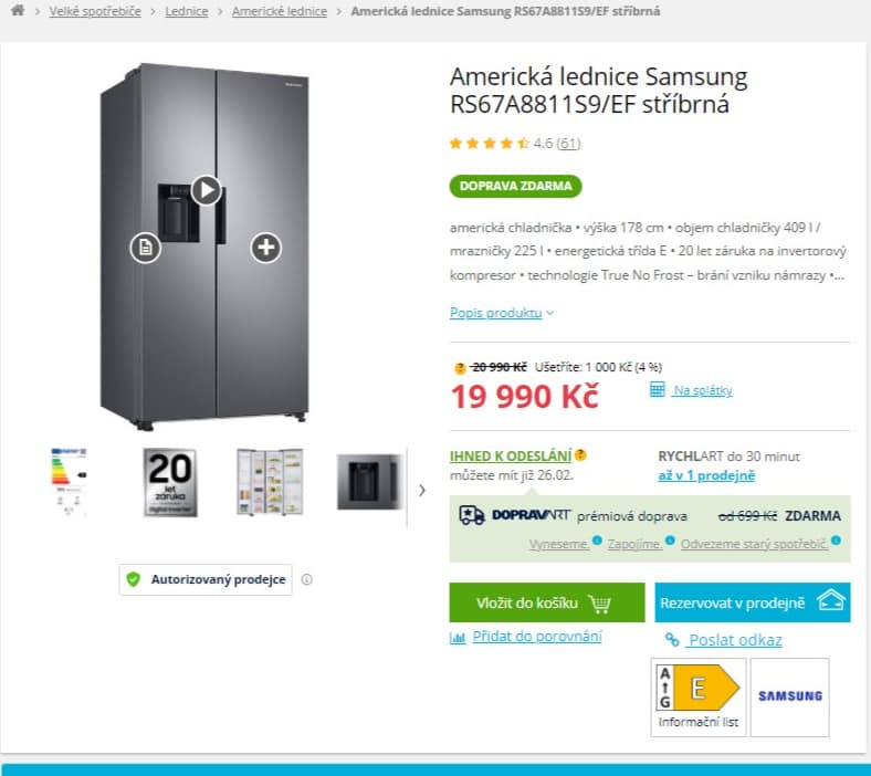 Americká lednice Samsung, led, voda, 178cm