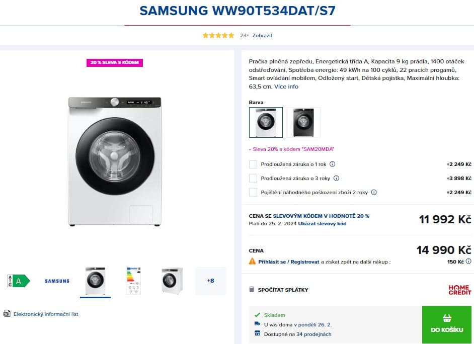 Pračka Samsung 9kg, 1400ot., A, Wifi, AI, pára