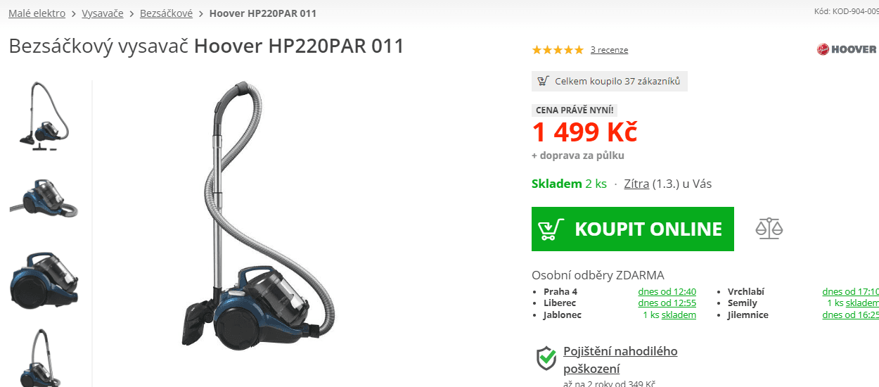 Bezsáčkový vysavač Hoover, cyklón