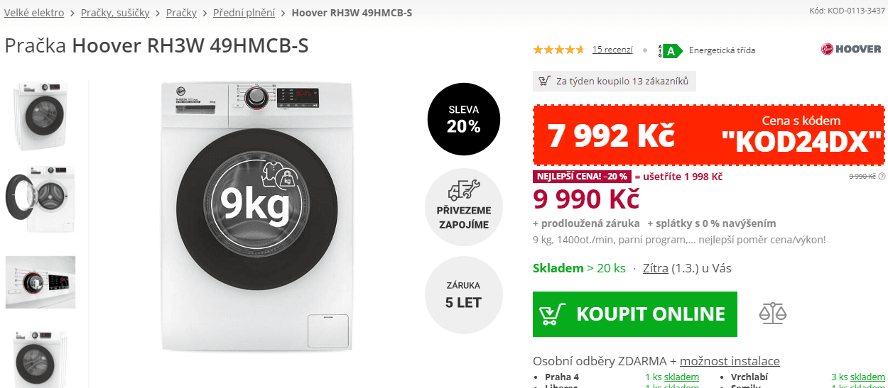 Pračka Hoover 9kg, 1400ot, pára