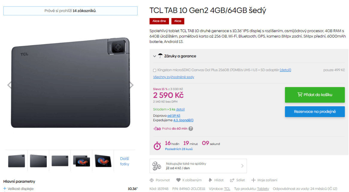 Tablet TCL 8x 2GHz, 4GB RAM, 10,36"