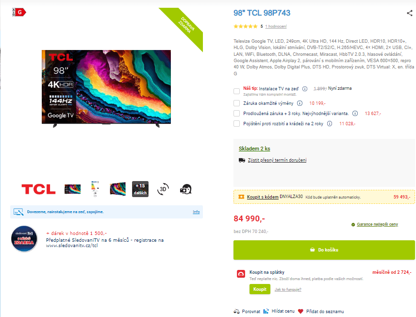 4K Google TV, Smart, Atmos, 248 cm, TCL