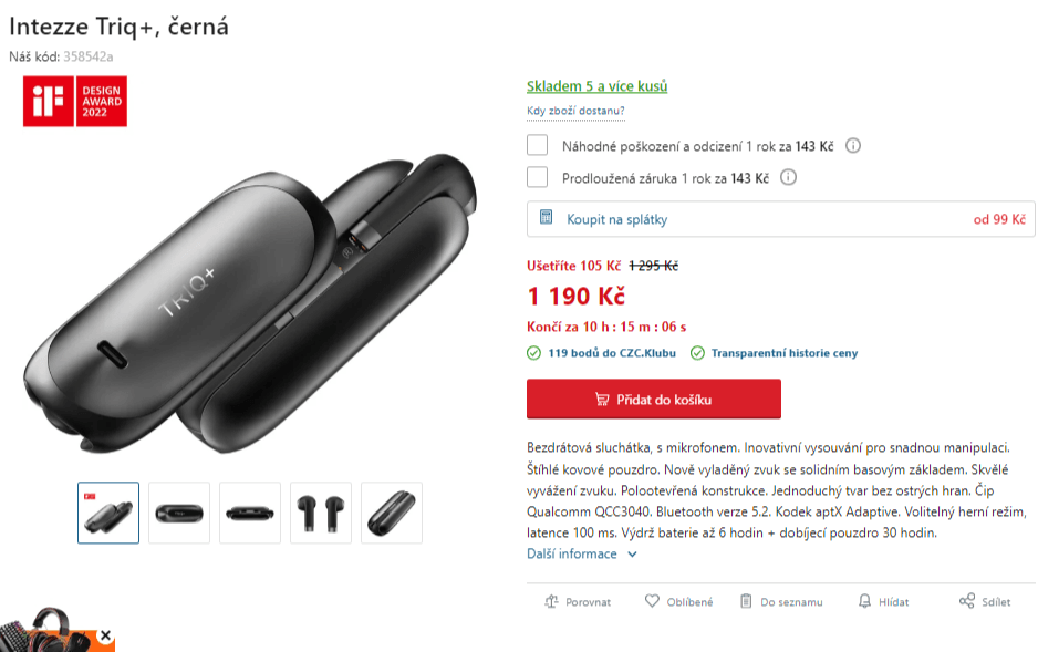 BT sluchátka Intezze Triq+, 36 hodin