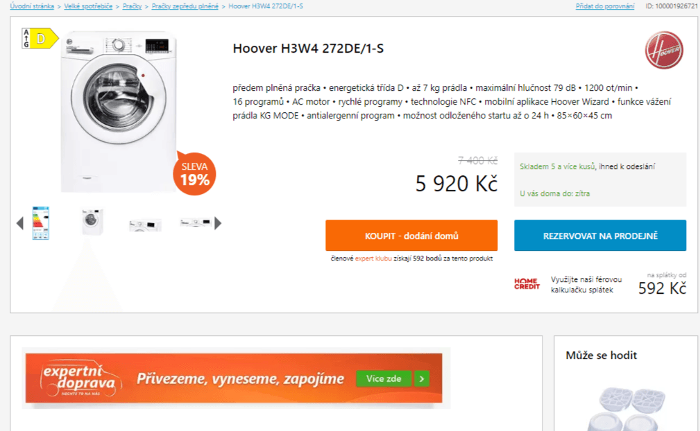 Pračka Hoover 7kg, 1200ot., NFC, 45cm